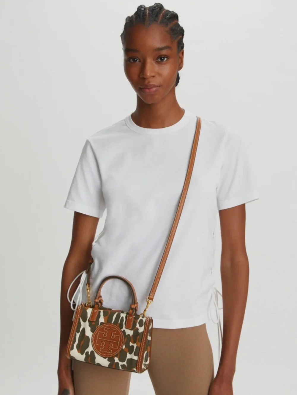 Tory Burch Leopard Print Leather-Trim Crossbody in Brown and Cream